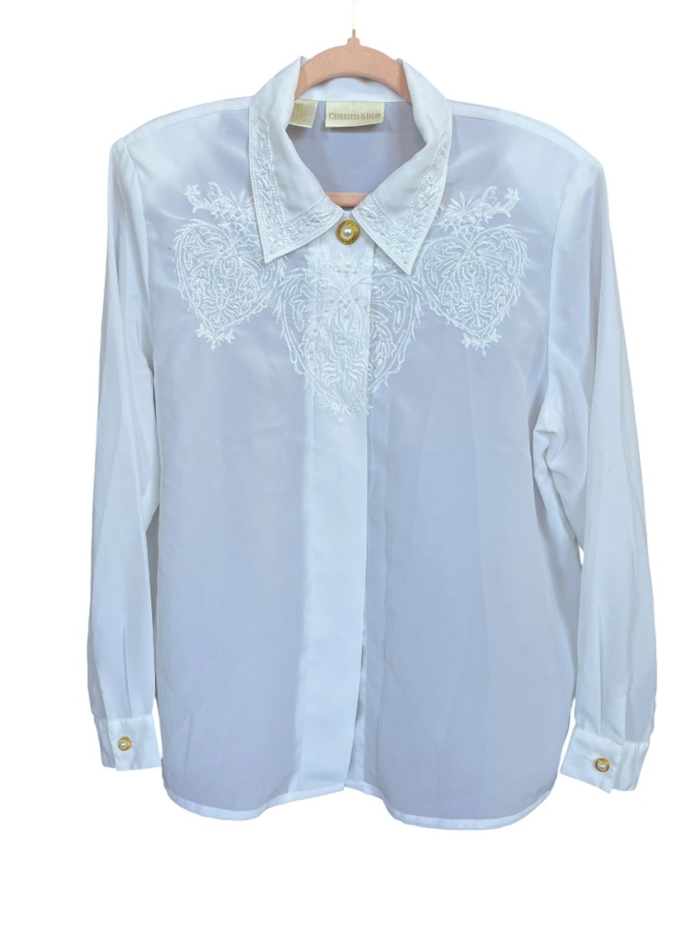 VTG Christie & Jill White Embroidery Pearl Long Sleeve Button Down Blouse SZ 14P